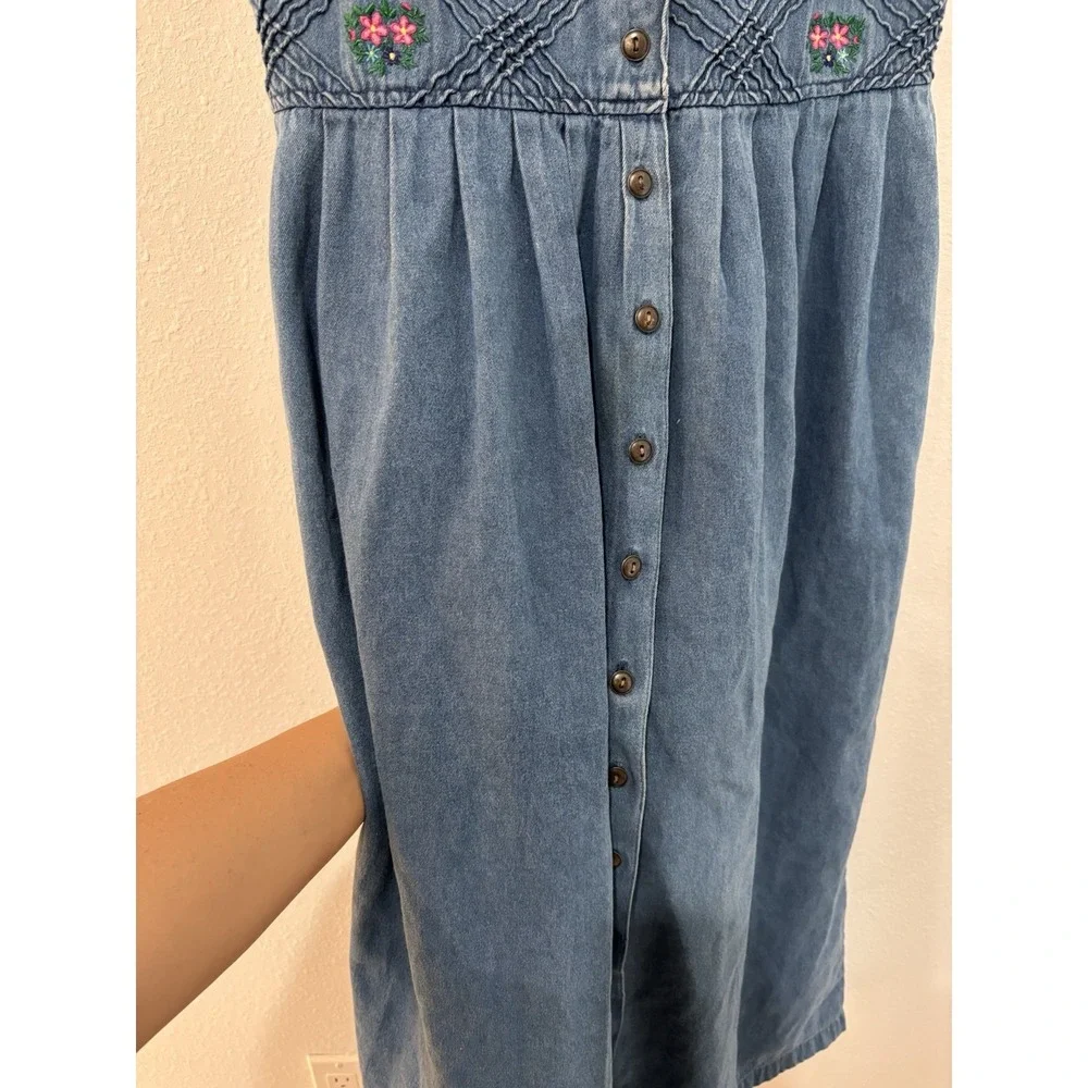Vtg 90s Cottagecore Denim Maxi Dress Floral Embroidered Smocked Coquette L - Picture 6 of 13
